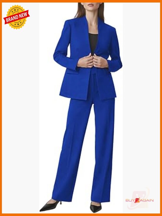 Pants - Women's 2 Piece Pantsuit Set Business Casual Blazer & Straight Leg Pants Office
